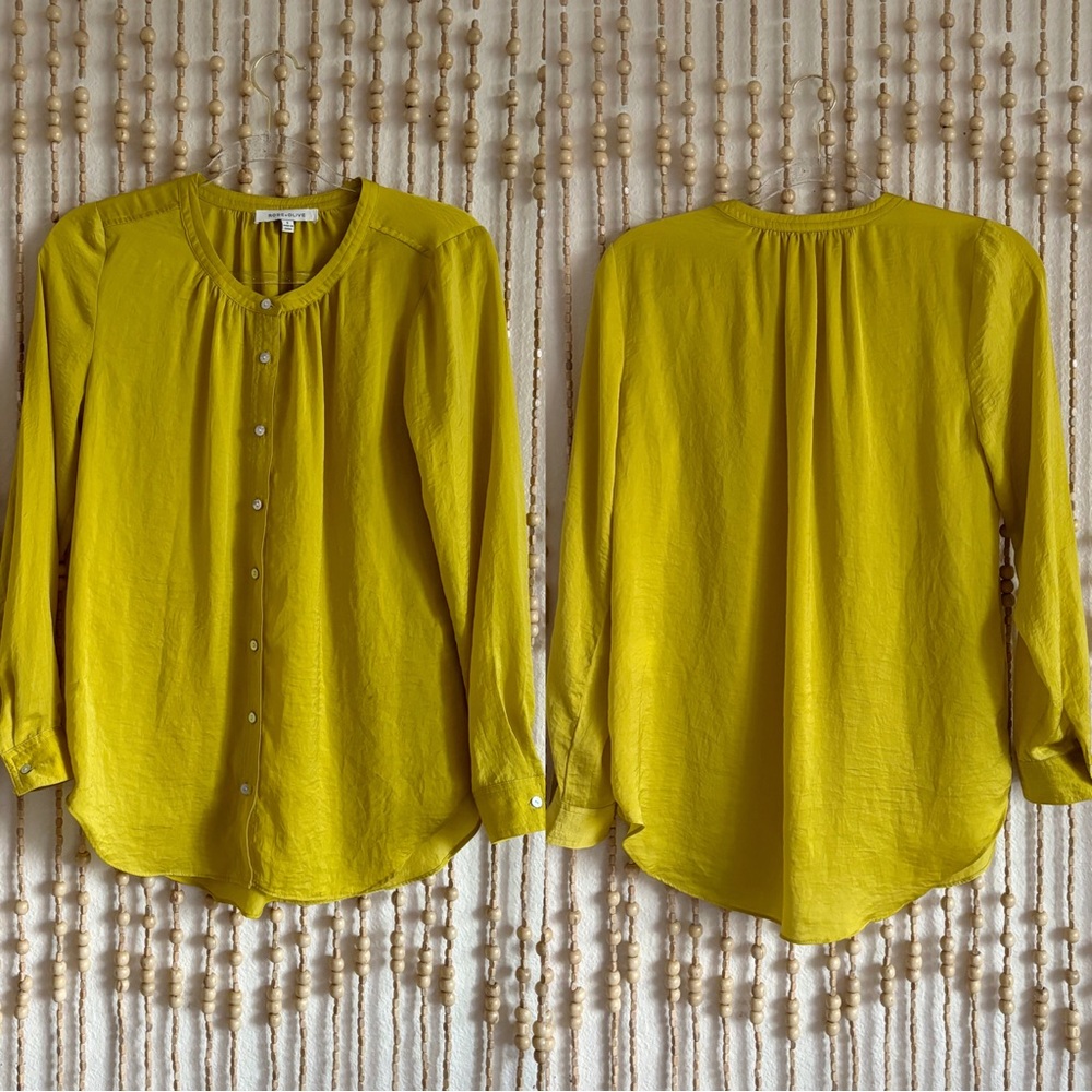 Rose & Olive Silky Vibrant Green Pearl Button Down Long Sleeve Hi Lo Blouse Top